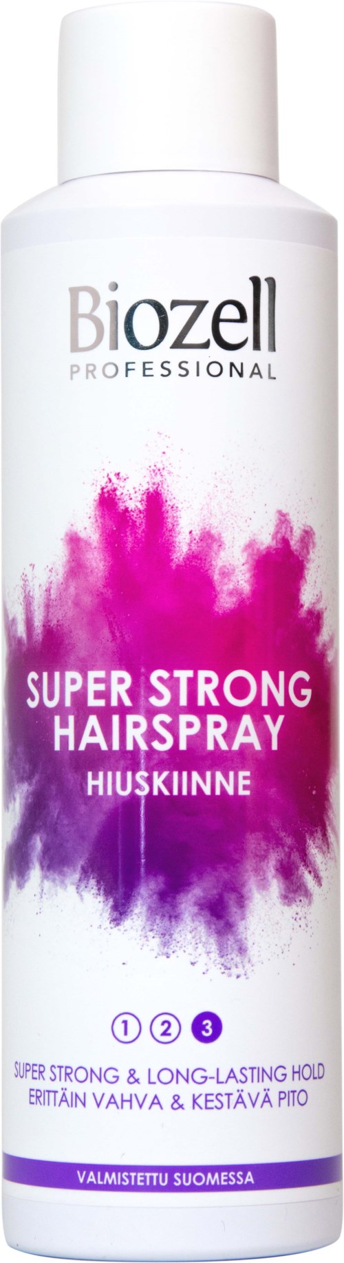 A white bottle of Biozell Super Strong Hairspray with pink and purple splash design and text about strong hold.