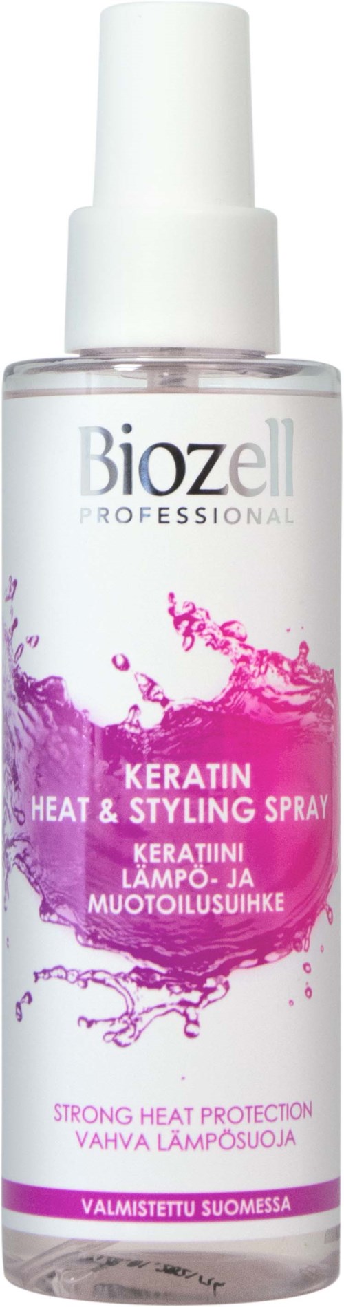 A clear spray bottle with white cap and pink label, promoting keratin heat styling spray for hair.
