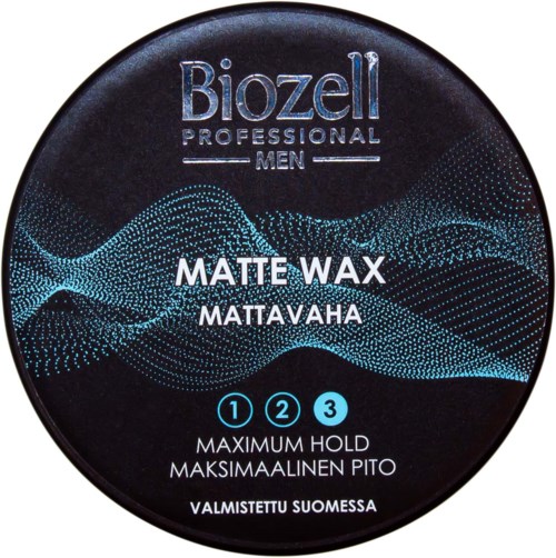A round black jar lid for Biozell matte wax, with blue wave designs and white text in Finnish.