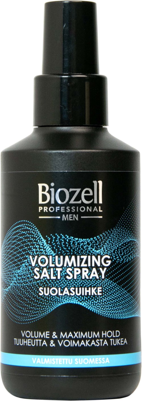 A black bottle of BiOzell professional men's volumizing salt spray with a spray nozzle. It has blue design lines and text.