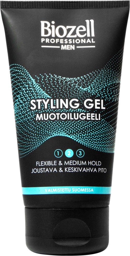 Black tube with blue and white text, labeled "Styling Gel" for men, used for flexible hair styling.