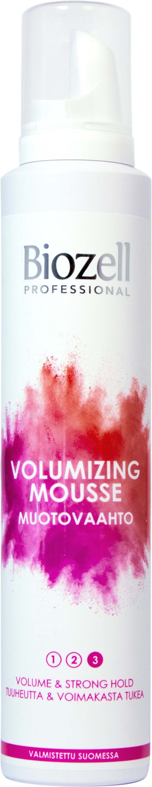 A white canister of hair mousse with pink and red spray paint design, labeled "Biozell ProfessionaL Volumizing Mousse."