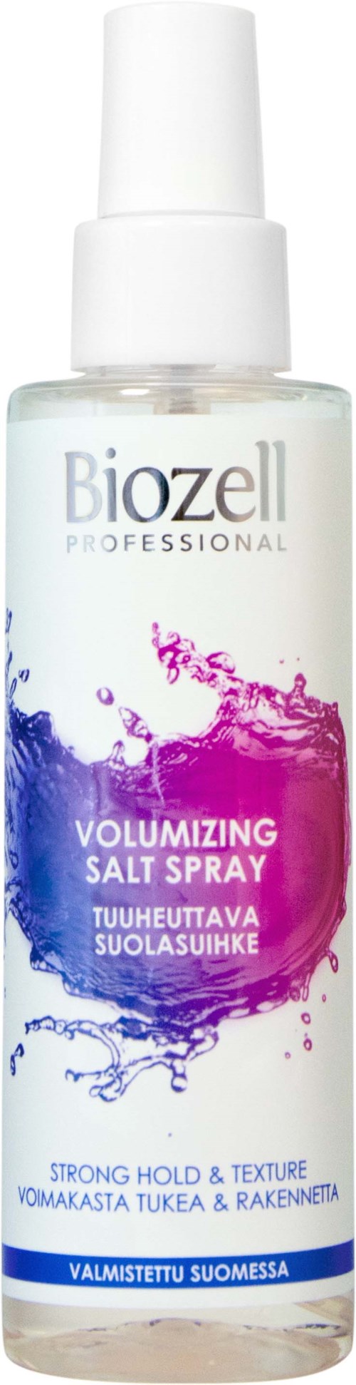 A spray bottle labeled Biozell professional, pink and blue splash design, for hair volume and hold, made in Finland.