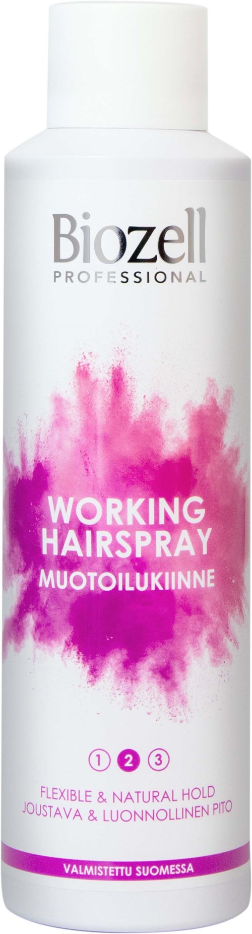 A white bottle with pink splash design, labeled 'Working Hairspray' by Biozell, showing it is flexible and natural hold.