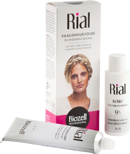 Hair dye package with a woman's image, includes a bottle and tube, mainly white and pink colors.