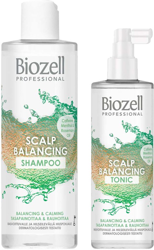 Two bottles of scalp products, one shampoo and one tonic, both with labels highlighting balancing and calming ingredients.