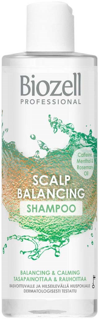 A white bottle of Biozell professional shampoo with green and orange splash design, labeled for scalp balancing and calming.