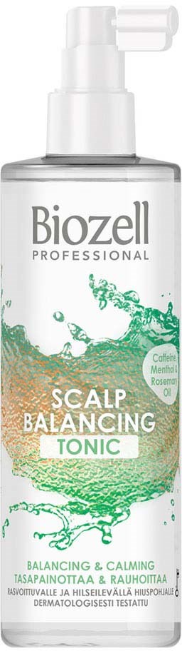 A bottle of Biozell Professional Scalp Balancing Tonic for calming and balancing the scalp. It has a pump top.