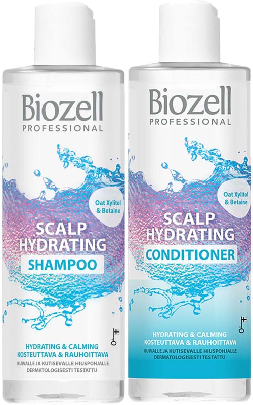 Two bottles of Biozell Professional scalp hair care products, one shampoo and one conditioner, with water splash design.