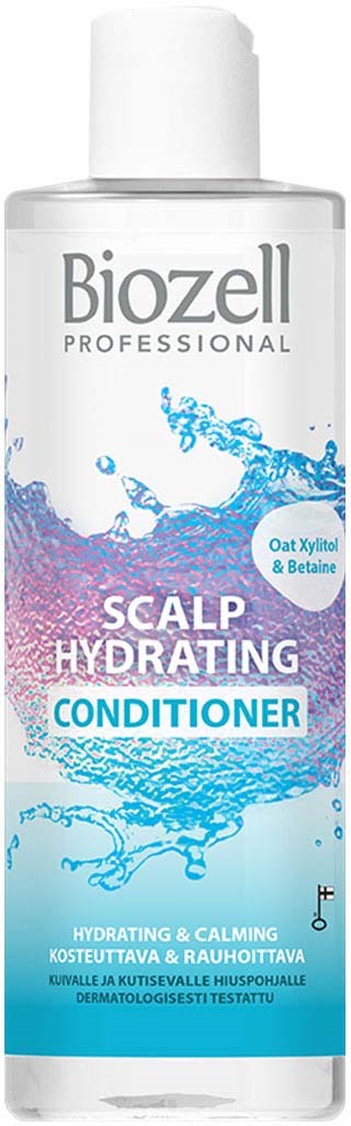 A bottle labeled 'Biozell Professional Scalp Hydrating Conditioner' with water splash design, mentions oat xylitol and betaine.