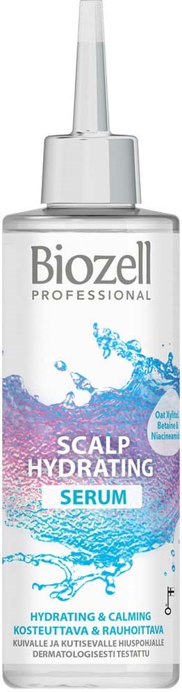 A clear bottle of Biozell Professional Scalp Hydrating Serum with blue water splash design and text.
