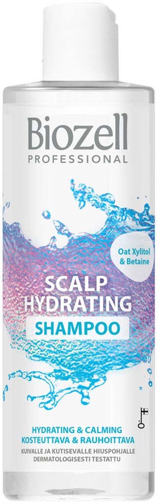 A clear shampoo bottle with blue and purple water splash design, labeled Biozell Professional Scalp Hydrating Shampoo.