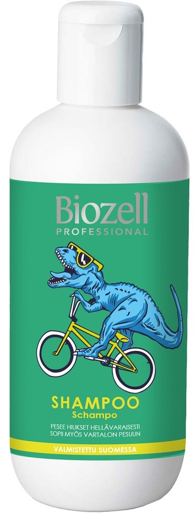 A white bottle of Biozell professional shampoo featuring a blue dinosaur riding a yellow bicycle on the label.