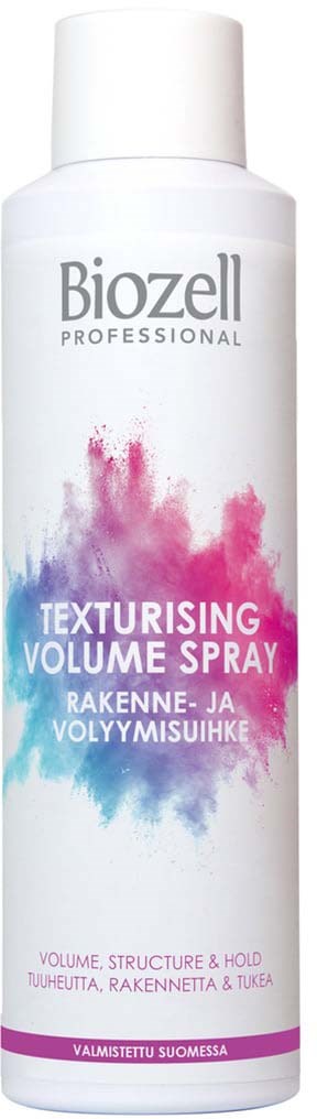 A white bottle with colorful pink and blue watercolor design, labeled "Texturising Volume Spray" by Biozell Professional.