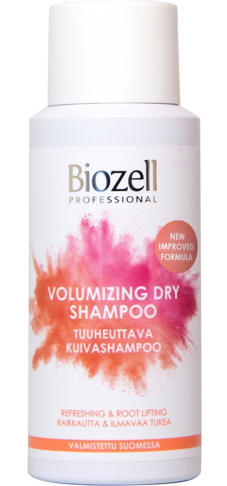 A white bottle of Biozell professional volumizing dry shampoo with colorful splash design and text.