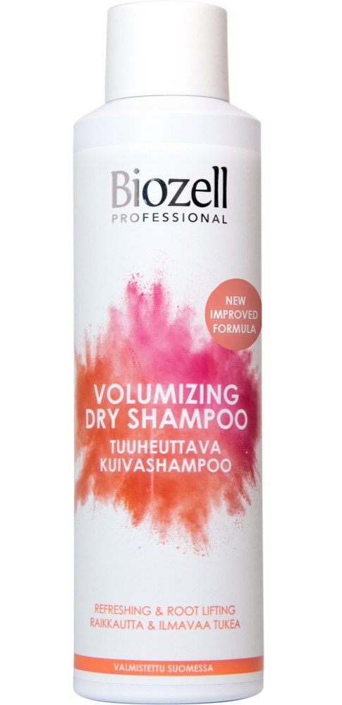 A white bottle labeled Biozell professional, with pink and orange splash design, claims to be a volumizing dry shampoo.