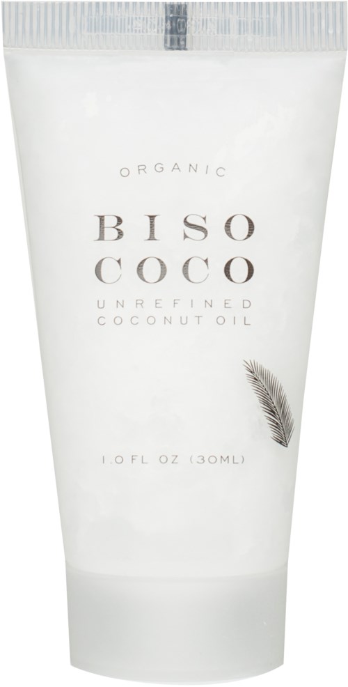 Eine weiße Tube mit 'BISO COCO' enthält bio-ungeschmacksneutrale Kokosnussöl, mit einer kleinen Kokosnussblattillustration.