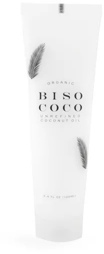 Eine weiße Flasche mit schwarzem Text und zwei Palmblättern, gekennzeichnet "BISO COCO" Bio-Kokosöl.