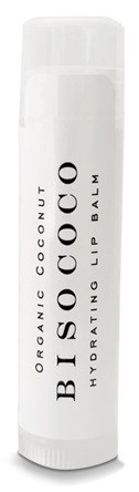 Ein weißer Lippenpomaden-Zylinder mit schwarzem Text, der sagt, dass es biologischer Kokosgeschmack und feuchtigkeitsspendend ist.