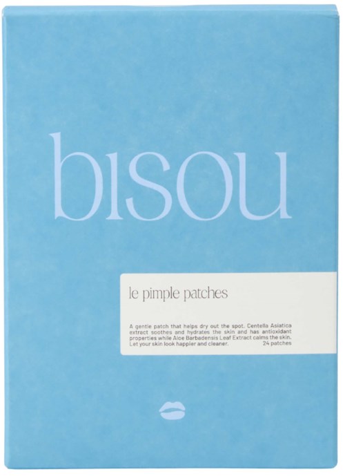 Blå låda från Bisou le pimple patches med vit text och en liten läpp-ikon.