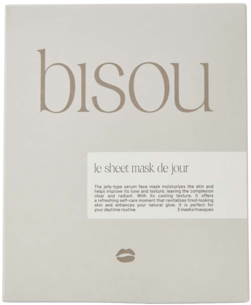 Logo och förpackning av Bisou le sheet mask de jour, med produktbeskrivning i liten text.