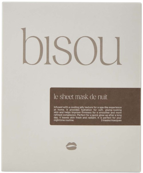 Bisou-märkesförpackning för le sheet mask de nuit, en nattmask med en svalkande gelé konsistens, gör gott för hudens fukt.