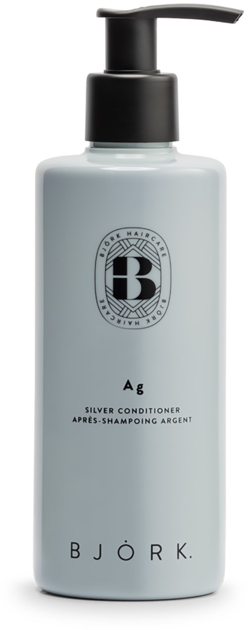 Eine hellgraue Flasche Björk Silver Conditioner mit schwarzem Pumpenkopf, Etikett zeigt Text und Logo.