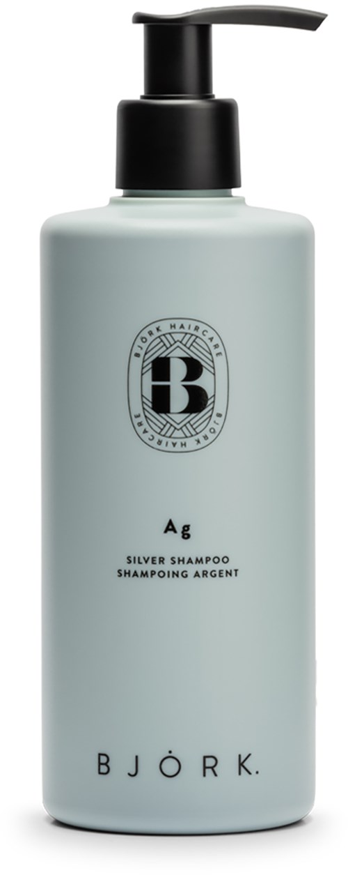 En ljusgrå flaska med svart pump, märkt Björk Silver Shampoo, avsedd för hårvård.