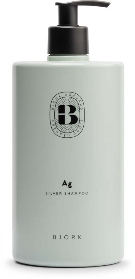 Eine weiße Shampoo-Flasche mit schwarzem Pumpspender, beschriftet 'Silver Shampoo' von Bjork, und ein Logo mit einem B. einfache Gestaltung.