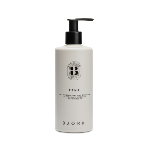 Eine weiße Flasche mit Pumpe enthält RENA Shampoo gegen Schuppen und trockene Kopfhaut. Es ist von Bjork.