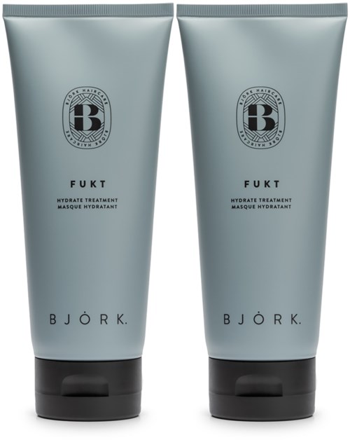 Zwei graue Tuben von Björk Fukt Hydrate Treatment nebeneinander.