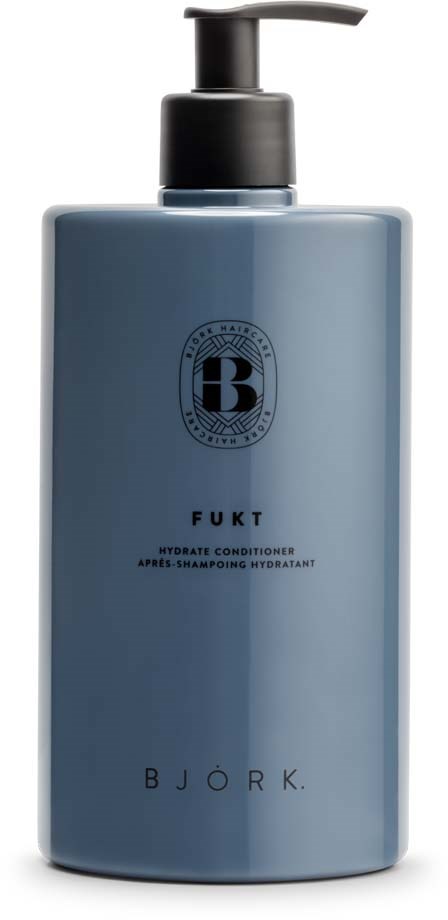 Eine blaue Flasche mit Pumpe, gekennzeichnet als Jyda Conditioner von Bjork, für Haarfeuchtigkeit.