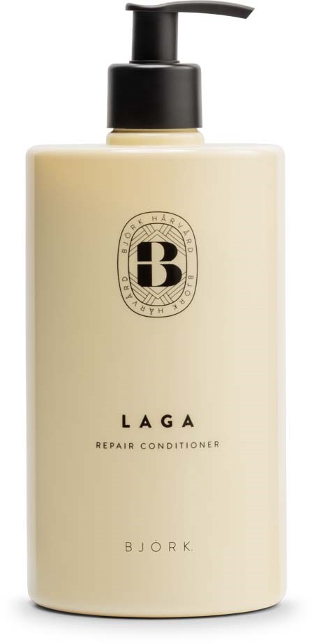 Eine große, beige Flasche mit schwarzem Pumpaufsatz enthält Bjork Laga Repair Conditioner, etiketti mit Produkt- und Markennamen.