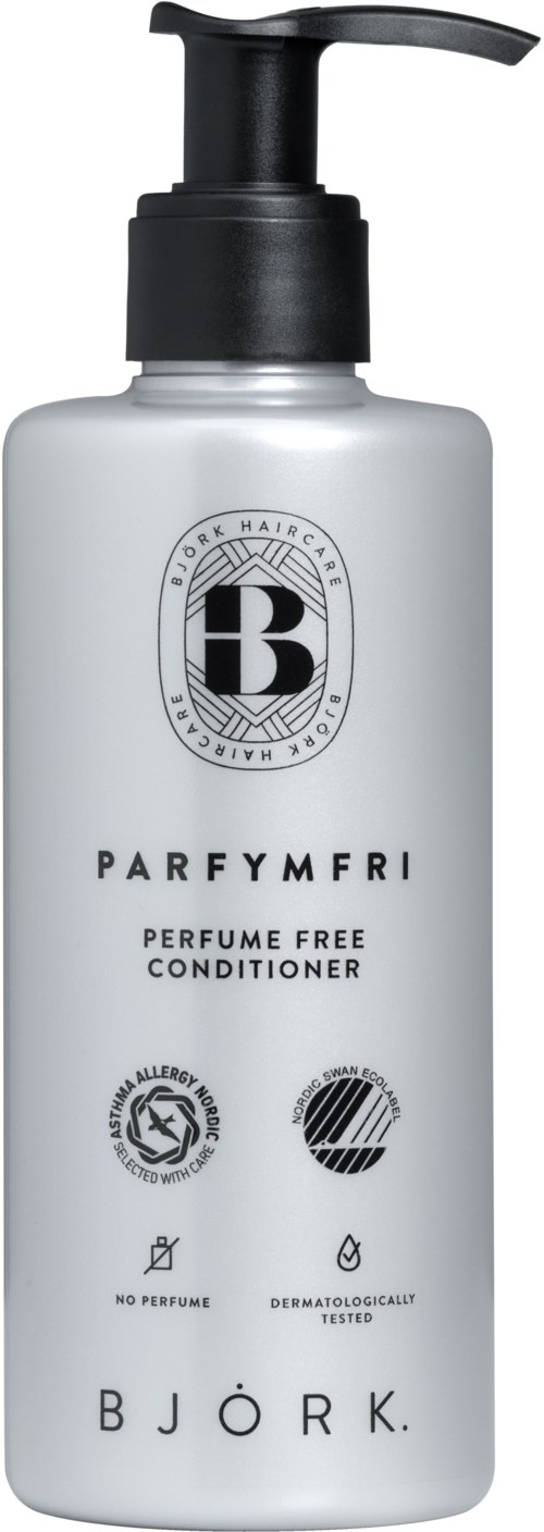 Hvit flaske med svart pump, merket 'ParfyMfri' og 'Bjørk', parfymefri balsam for hår, dermatologisk testet, dyrevennlig.