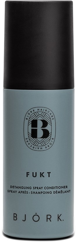 Eine lange, zylindrische Flasche mit schwarzem Deckel und hellblauer Körper. Es hat ein Logo und Text für Haarconditioner.