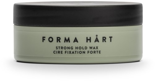 A round container of Forma Hår strong hold hair wax with a black lid and green body.