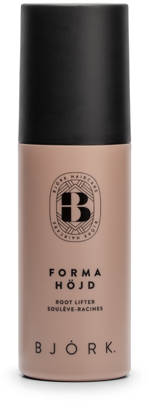 A bottle of Björk Forma Höjd Root Lifter with a black cap and beige body. Logo and text on the front.