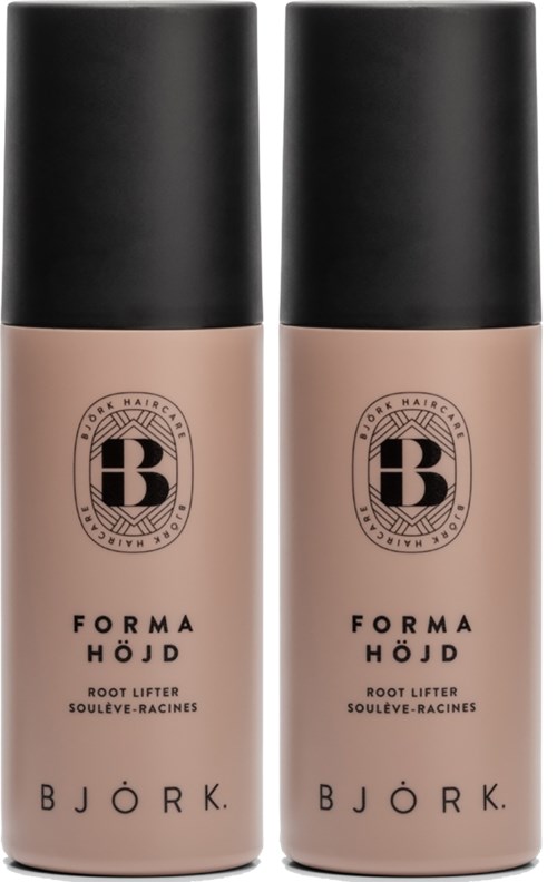 Twee flessen van BJÖRK Forma Höjd Root Lifter haargel met zwarte doppen en beige flessen.