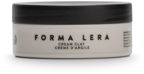 En vit burk med svart lock märkt "FORMA LERA," som innehåller lermaterial, i enkel design.
