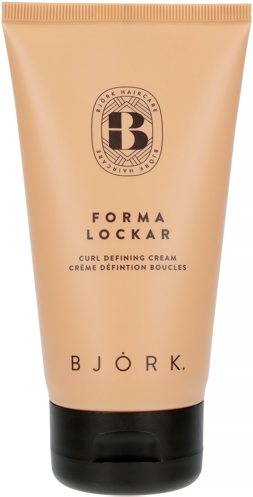 Een beige tube met zwarte dop, gelabeld 'Björn', 'Forma Lockar', kruldefiniërende crème, en een logo bovenaan.
