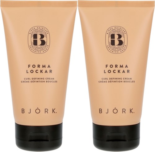 Twee tubes Björk Forma Lockar kruldefiniërende crème in beige met zwarte doppen.