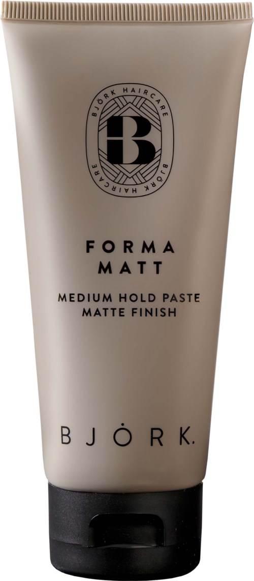 Beige Tube mit schwarzem Deckel, beschriftet 'Björk Forma Matt, mittlerer Halt, mattem Finish.'