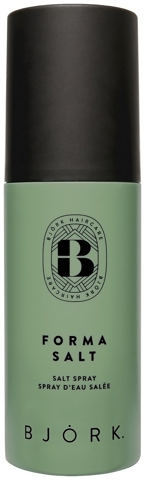 Grønn saltvannssprayflaske med svart lokk, logo og tekst for Bjork Forma Salt.