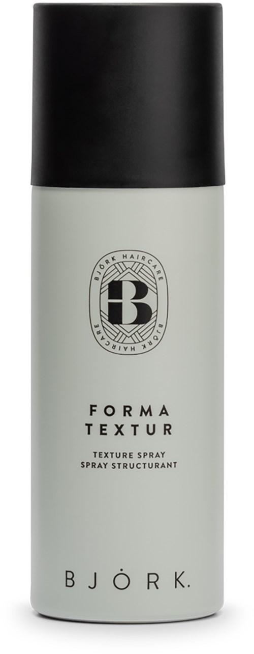 Een witte fles met een zwart deksel, gemerkt 'Bjork.' Het is een textuurspray voor haarstyling.