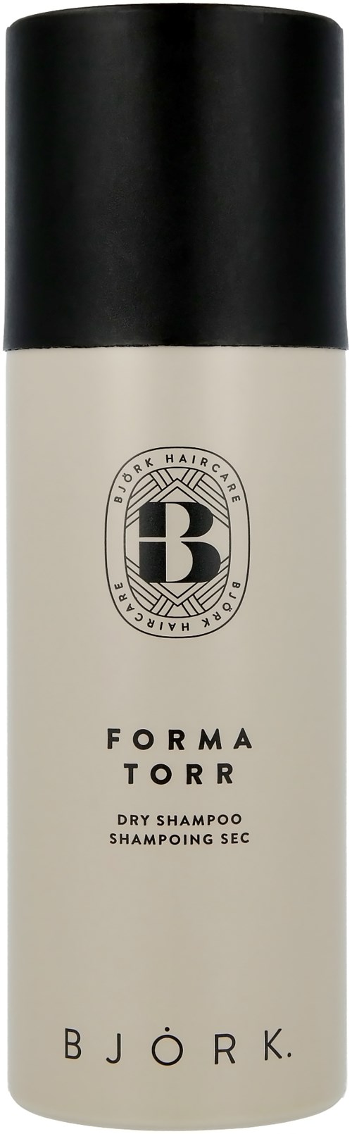 Eine weiße Flasche mit schwarzem Deckel, beschriftet mit BJÖRK, Forma Torr, Trockenshampoo.