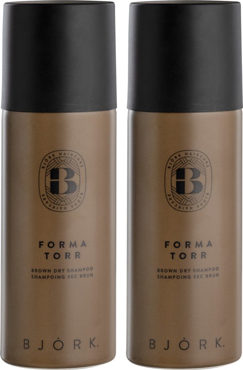 Zwei Flaschen Björk Forma Torr Trocken-Shampoo stehen nebeneinander, mit schwarzen Kappen und braunen Flaschen.