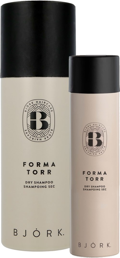 Zwei Flaschen Björk Forma Torr Trockenshampoo, eine große und eine kleine, mit schwarzen Deckeln und weißen Etiketten.