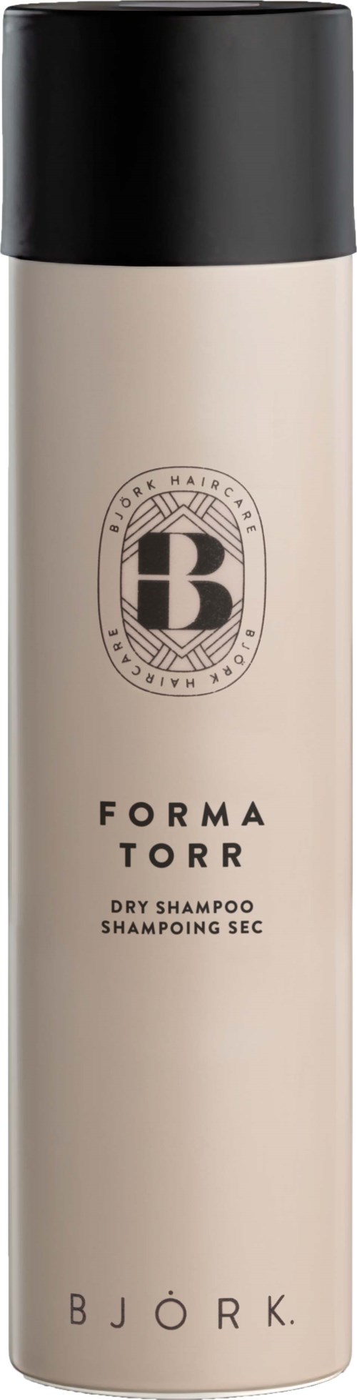 Eine lange, beigen Trockenshampoo-Flasche mit schwarzem Deckel und rundem Logo. Das Etikett liest "FORMA TORR" und "BJÖRK."