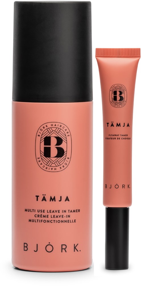 Zwei pinke Behälter von Björk Tämja Leave-in-Haarbehandlung, eine lange Flasche und eine kleine Tube.