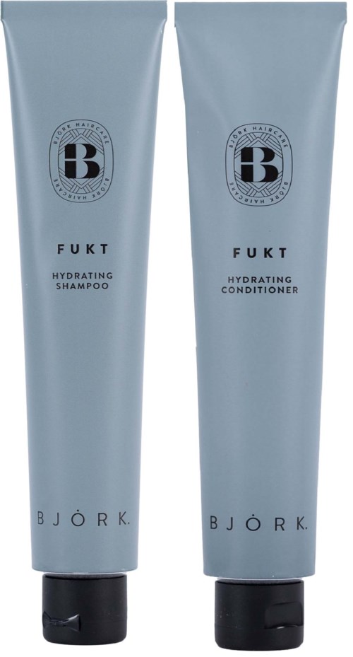 Zwei graue Tuben von Björk Fukt spendendes Shampoo und Conditioner stehen nebeneinander.